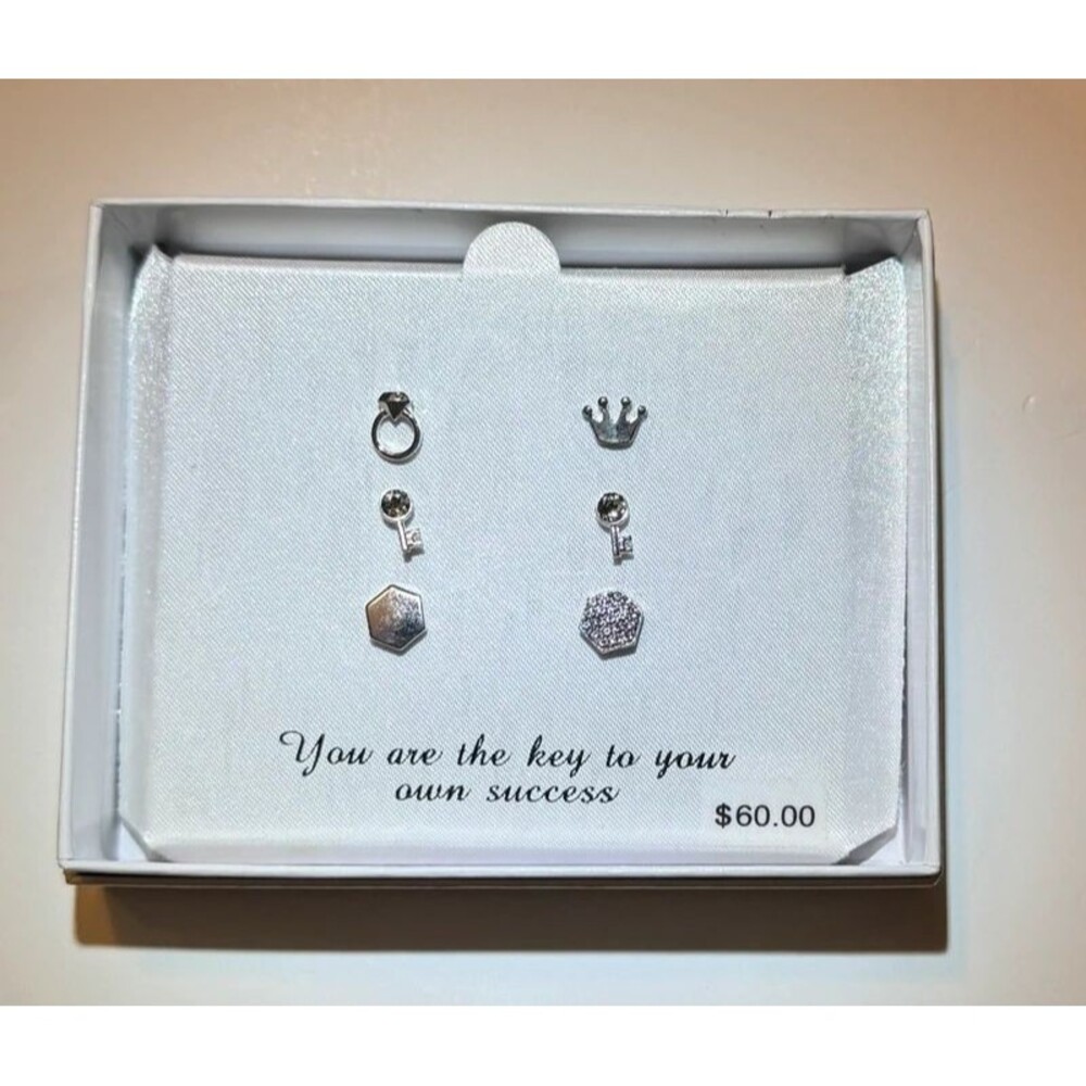 Silver Plated Mix & Match Stud Earrings 3 Pair Set Keys Crown Ring